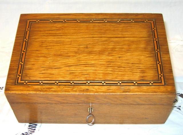 Oak and Marquetry Sewing Box.
