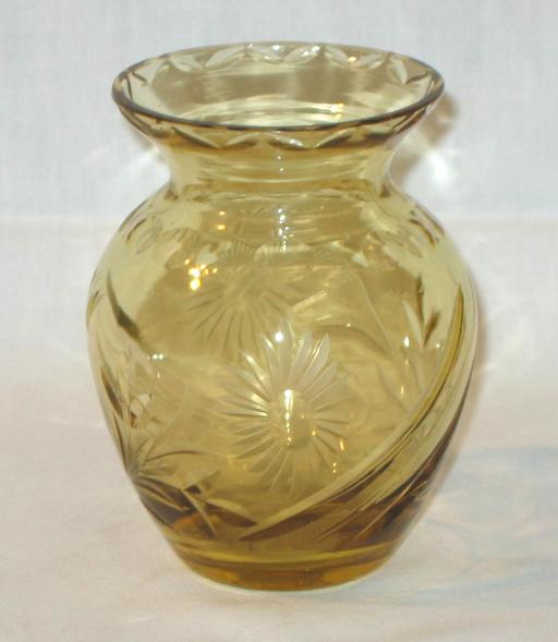 Small Amber Round Cutted Glass Vase.